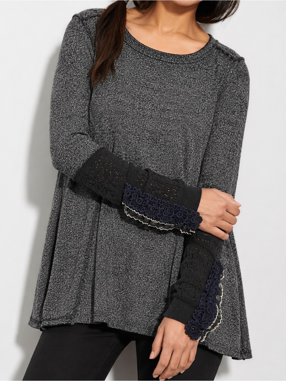 Free People Fly Far Away Wool Blend Thermal Top S Gray Crochet Cuff Boho Tunic